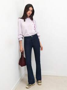 Nöista Striped Ruffle High-Neck Blouse With Puff Sleeves And Contrast Piping; Perfect For Office, Meetings, Brunch, Dates, Romantic, Preppy, Winter, Autumn - Mauve Purple - View 6