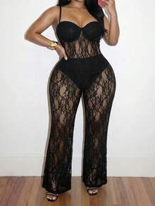 Slaydiva Sexy Elegant Spaghetti Strap Cup Flare Leg Black Lace Sheer Plus Size Jumpsuit Date Night Rave Summer - Black - View 8