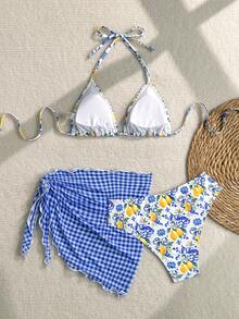 Swim Mod 女款夏季海灘花卉印花掛脖綁帶性感比基尼三角褲兩件式泳衣套裝附迷你裙 - 彩色 - 查看 2