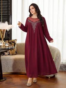 Al Najma Plus Size Women's Round Neck Long Sleeve Arabian Dress - Red Violet - View 6