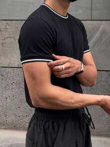 DAZY Short Sleeve Black Fabric With Contrast Ribbed Trim Men's T-Shirt - Black - View 4