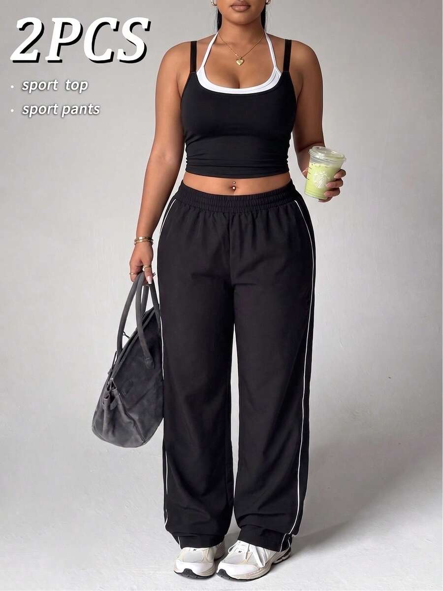 SHEIN Dewbera 2pcs Plus Size Women's Spring/Summer Sports Set, 2 In 1 Contrast Design, Spaghetti Straps, Back Cutout, Fitted Women's Sports Top And Straight Leg Pants, Woven Fabric, Side Contrast Stripe Patchwork, Loose Women's Sports Pants, Straight Leg Pants, Suitable For Daily Casual, Running, Yoga, Gym, Golf, Tennis - Black - View 1