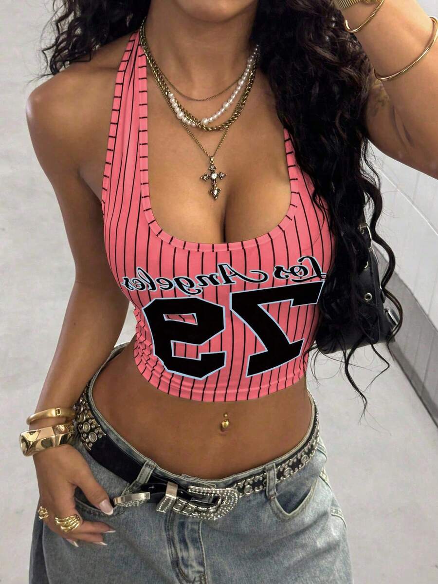 StreetHx Top de tirantes halter con estampado a rayas estilo callejero - Rosa vieja - Ver 1