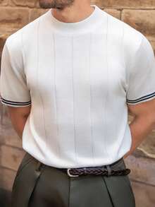 YOUESAWY YOUESAWY Men's Spring/Summer High Collar Short Sleeve Ribbed Knit Contrast Stripe Slim Fit Retro Gentleman Style Casual Refined Knit Top, Designer Men Knit Shirt - Champagne - View 4