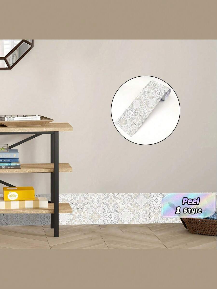 1pc Gray & White Floral Pattern Wall Sticker, Elegant PVC Self-Adhesive Removable Flat Wall Paper, Suitable For Home, Kitchen, Room, Wall Decor