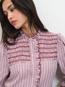 Nöista Blusa de rayas finas rosa con bordado de panal y volantes, estilo retro francés. Primavera, verano, otoño, top versátil, vuelta al colegio - Rosa - Ver 4