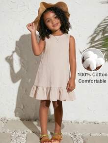 Young Girl Casual Fashion Woven Round Neck Sleeveless Ruched A-Line Dress - Apricot - View 7