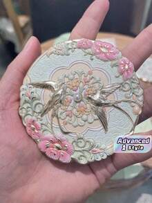 1/2 Pcs Chinese Style Round Makeup Mirror, Enamel Craft Vanity Mirror With Floral And Bird Pattern, Portable Cosmetic Mirror With Protective Sleeve For Home Decor Gift - Multicolor - View 1