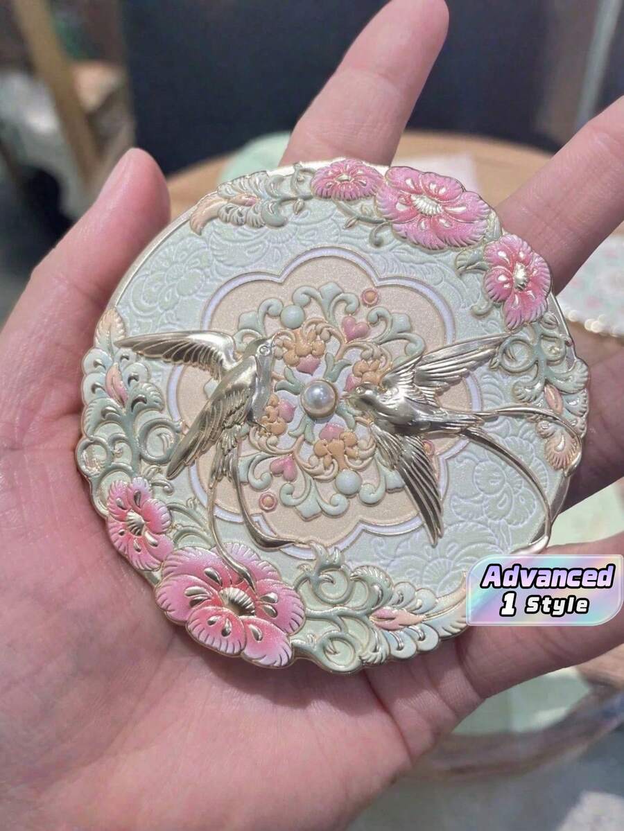 1/2 Pcs Chinese Style Round Makeup Mirror, Enamel Craft Vanity Mirror With Floral And Bird Pattern, Portable Cosmetic Mirror With Protective Sleeve For Home Decor Gift - Multicolor - View 1