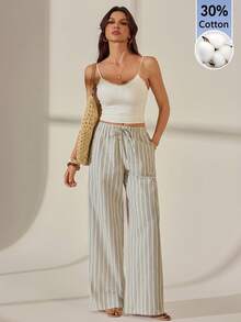 SHEIN Tall White Sequin Wide Leg Casual Boho Pants For Vacation, Tall Women Vacation Autumn - Khaki - View 6