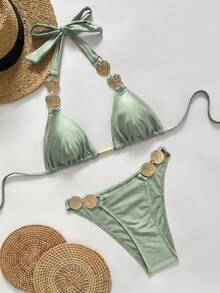 SHEIN Swim 純色掛脖綁帶、腰側金屬飾邊裝飾、優雅度假風女款泳衣套裝 - 薄荷綠 - 查看 6