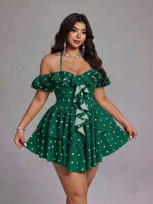Viva Relle Plus Size Women Polka Dot Print Ruffle Off-Shoulder Halter Neck Fashion Dress - Green - View 7