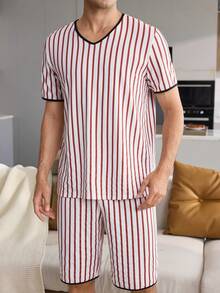 CoupledUp V-Neck Casual Striped Print Pullover Short-Sleeved Shorts Men's Pajama Set - Multicolor - View 4
