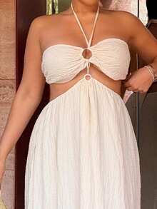 Maria Perezxox Vacation Casual Solid Color Backless Halter Neck Dress Party Elegant Summer - Apricot - View 6