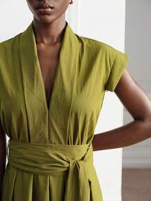 Aveloria Modichic Women's Dress Slim A-Line Midi Deep V Neck Tie Waist Cap Sleeve Pleated Elegant Minimalist Vintage Olive Green For Party Brunch Office Garden Summer - Olive Green - View 2