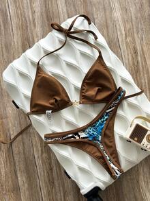 Swim Vcay Women's Summer Beach Vacation Sexy Leopard Print Metallic Star Decoration Halter Strap Triangle Cup Bikini Swimsuit Two-Piece Set - Brown - View 2