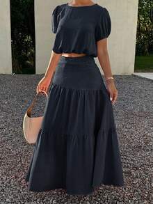 Livesso Women's 2 Pieces Set Round Neck Petal Sleeve Solid Navy Blue Cropped Top With Layered Full Skirt Maxi Summer Lounge Sets Vacation Casual - Navy Blue - View 3