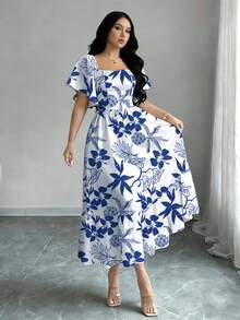 Modelyn 女款扶桑花、鳳梨、棕櫚樹印花花卉洋裝，時尚方領短袖荷葉邊下擺設計，夏季度假風洋裝 - 彩色 - 查看 3