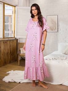 Serenescape Bubble Crinkled Ruffle Patchwork Floral Print Long Nightgown - Pink - View 5