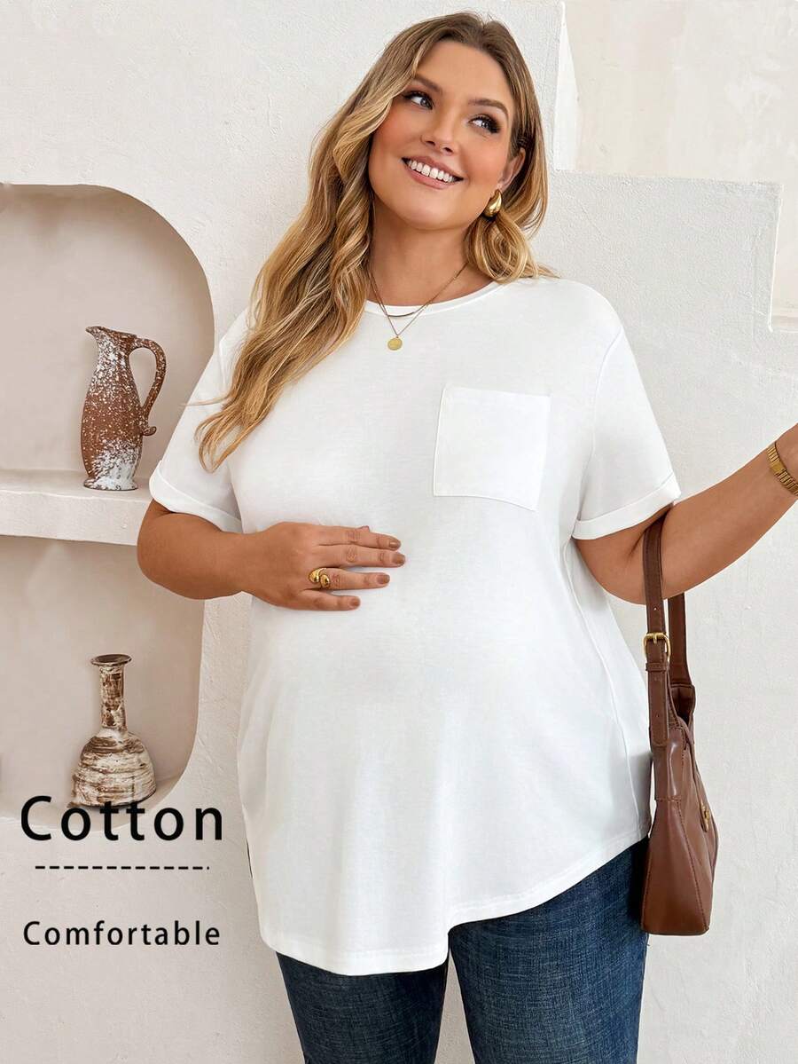Plussiva Plus Size Maternity Basic White Loose-Fit Short-Sleeve T-Shirt For Everyday Wear Solid Color Casual Versatile Top Summer Gender Reveal Mom To Be