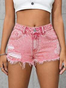 SHEIN PETITE 女款口袋磨損原色毛邊牛仔短褲 - 粉色 - 查看 6