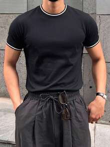 DAZY Short Sleeve Black Fabric With Contrast Ribbed Trim Men's T-Shirt - Black - View 3
