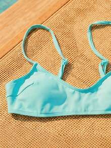 Swim Mod 春夏女款沙灘裝：時尚可愛性感，適合度假、海灘、游泳、泳池派對，純色細肩帶可調式抹胸上衣 - 薄荷藍 - 查看 4