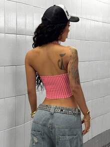 StreetHx English Striped Print Street Style Halter Tank Top - Dusty Pink - View 2