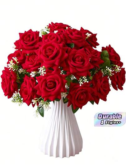 1Pc Velvet Silk Artificial Red Rose Bouquet Realistic Faux Rose Flower Romantic Ornament For Valentine's Day Wedding Party Home Decor Birthday Graduation Gift