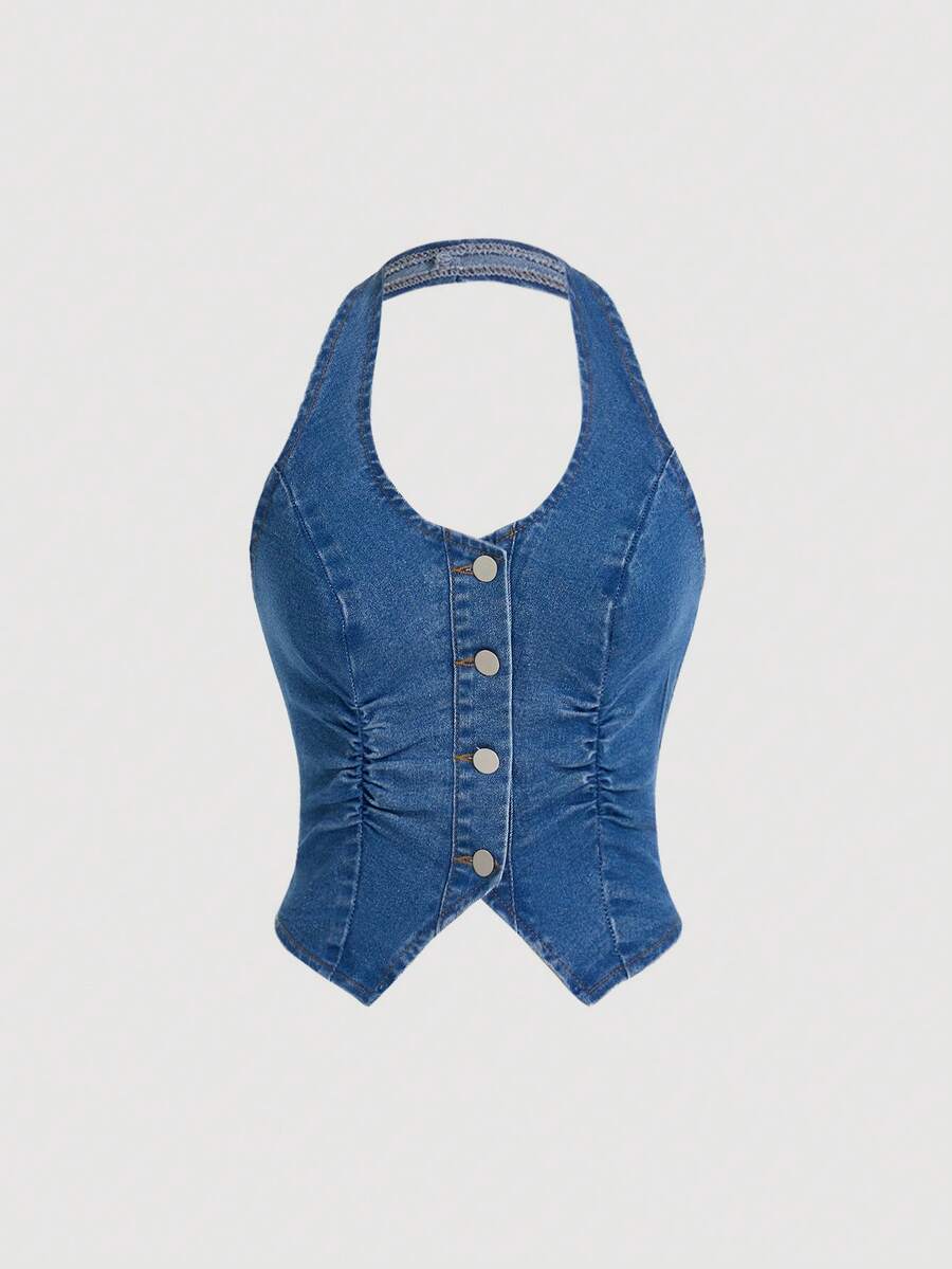 SHEIN ICON 大码女式纯色露背不对称下摆牛仔上衣 - 藍色 - 查看 1