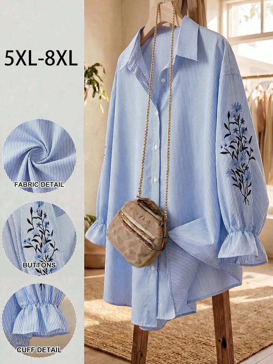 SHEIN CURVE+ 大尺碼女款休閒條紋襯衫,長袖刺繡鈕扣上衣,戶外上衣 - 藍色 - 查看 1