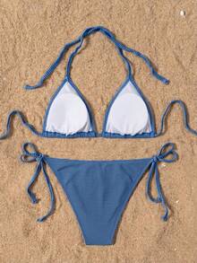 Swim Basics 女款紋理性感掛脖綁帶比基尼兩件式泳衣套裝，適合度假 - 霧霾藍 - 查看 2