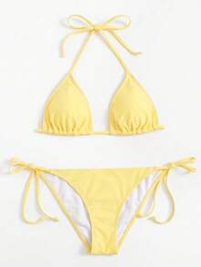 Sweetra Solid Color Two-Piece Swimsuit Set For Vacation Beach - Yellow - View 1