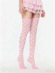 ROMWE Kawaii 1雙可愛白色波點粉色膝上襪 - 粉白兩色 - 查看 3