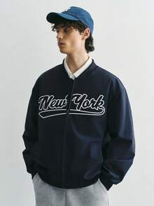 Sonviro Jaket Bomber Kasual Lengan Panjang Pria dengan Cetakan Huruf, Musim Gugur, Untuk Musim Gugur - Navy Blue - View 5