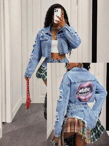 Slaydiva Jaket Denim Pendek Kasual Bermotif untuk Wanita Ukuran Plus, Serbaguna dan Modis - Medium Wash - View 7