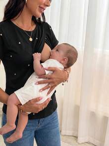 SHEIN 孕妇爱心印花圆领短袖哺乳 T 恤 - 黑色 - 查看 3