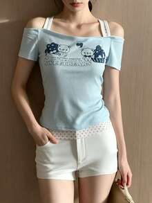 INAWLY Japanese Sweet Cute Soft Girl Dessert Rabbit Light Blue Camisole 2 In 1 Short Sleeve T-Shirt Top Everyday Going Out Summer - Baby Blue - View 4