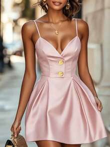 SHEIN 女款優雅性感時尚緞面細肩帶短傘裙，適合約會派對、晚宴活動、社交場合，灰粉色夏季款 - 粉色 - 查看 1