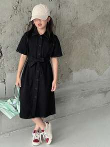 Dazy Kids 青少年女孩秋季服飾 青少年女孩牛仔短袖洋裝 夏季 - 黑色 - 查看 5