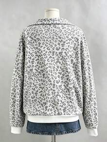 SHEIN Sweet & Cool Grey Leopard Print Half-Zip Sweatshirt, American Vintage Student Style, Loose & Slouchy Fit, Suitable For Girls & Women, Personalized Leopard Print Top, Spring/Autumn/Winter Outfit - Multicolor - View 2