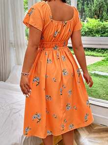 SHEIN MOOSTA Plus Size Women's Floral Print Pleated Elegant Waist-Cinched Date Party Dress - Orange - View 2