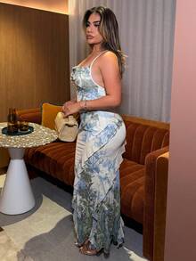 Maria Perezxox 女款彩色復古花卉印花垂領層次荷葉邊下擺洋裝，度假風夏季派對優雅洋裝 - 彩色 - 查看 4