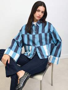 Nöista Women's Striped Cropped Jacket In Warm Pink And Rust Tones With Contrast Patch Pockets And Relaxed Fit. Lightweight Cotton Fabric With Button-Front Closure And Modern Boxy Silhouette-Perfect For Spring Layering, Casual Chic Outfits, Everyday Wear, Summer Styling, And Transitional Seasons. - Blue - View 4