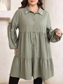 Veilorie Plus Size Women's Spring/Autumn Ruffle Pearl Decor Pleated Single-Breasted Blouse Fall - Olive Green - View 5