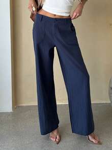 Brooke Lily Plain Casual Straight Leg Trousers With Pockets, Low-Rise - Navy Blue - View 8