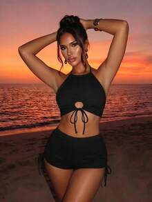 Sirith Bikini liso con cordón y cuello halter para playa de verano y vacaciones - Negro - Ver 1