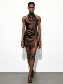 Lumivelle Dark Brown Summer Elegant Sexy Date Night Out Night Lace Patchwork Mini Dress,High Collar,Ruffle Hem,High Slit,Bow Back,Waist Cinched - Brown - View 2
