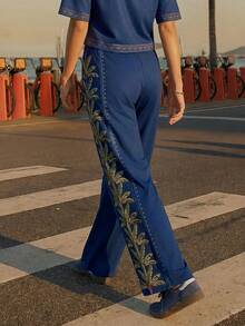 CAJUNI Celana Jogging Wanita dengan Tali Serut, Motif Bordir Pohon Kelapa, Kasual, Serbaguna untuk Pemakaian Sehari-hari - Navy Blue - View 2