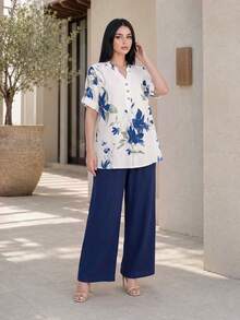 Auveirra 大码女式夏季时尚印花衬衫和裤子两件套 - 藏蓝色 - 查看 4
